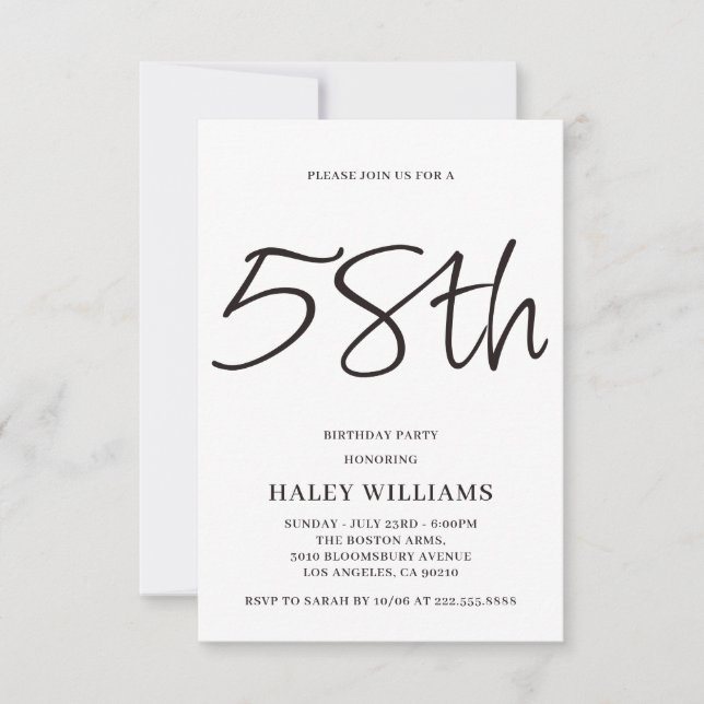 Minimalist Modern Simple Calligraphy 58th Birthday Invitation (Front)