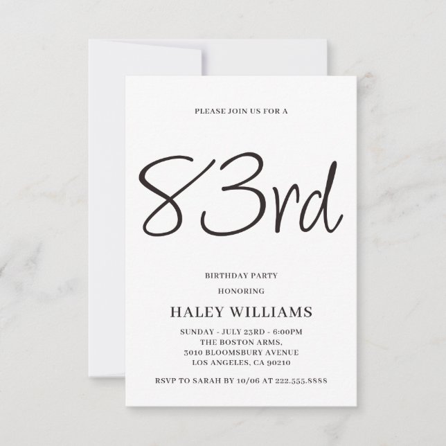 Minimalist Modern Simple Calligraphy 83rd Birthday Invitation (Front)