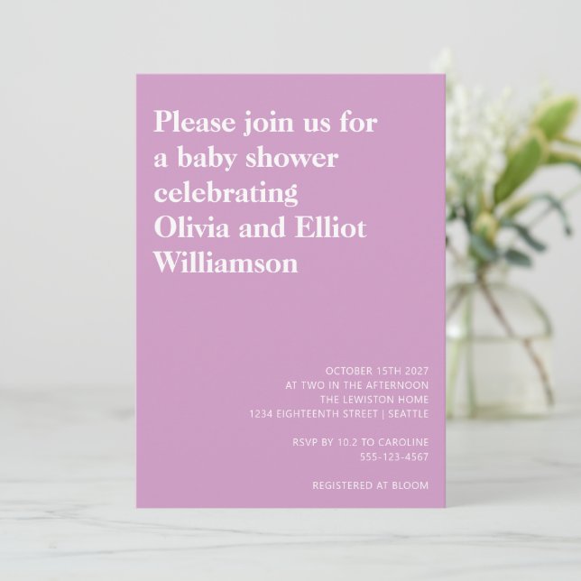 Minimalist Modern Simple Cute Baby Shower Purple Invitation (Standing Front)