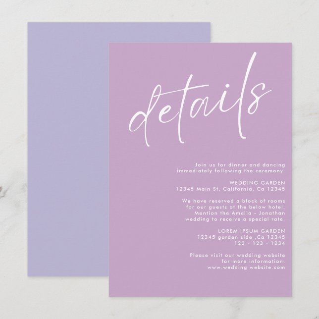 Minimalist modern  simple Lavender wedding details Enclosure Card (Front/Back)