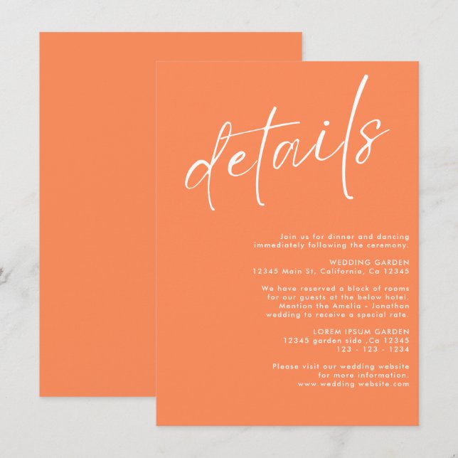 Minimalist modern  simple orange wedding details enclosure card (Front/Back)