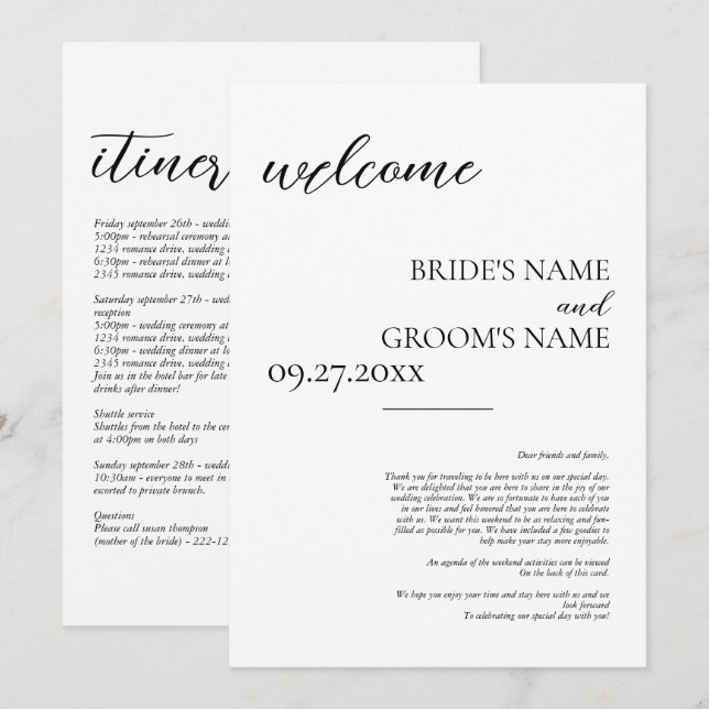 Minimalist Modern Simple Wedding Itinerary Program (Front/Back)