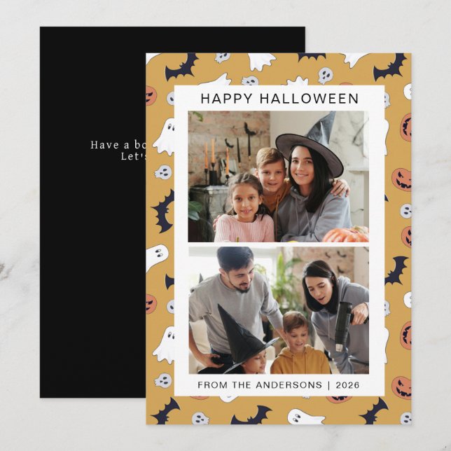 Minimalist Modern Spooky Happy Halloween 2 Photo Holiday Card (Front/Back)