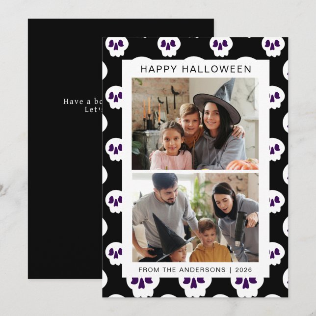 Minimalist Modern Spooky Happy Halloween 2 Photo Holiday Card (Front/Back)