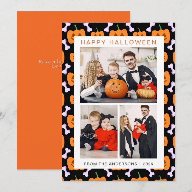 Minimalist Modern Spooky Happy Halloween 3 Photo Holiday Card (Front/Back)