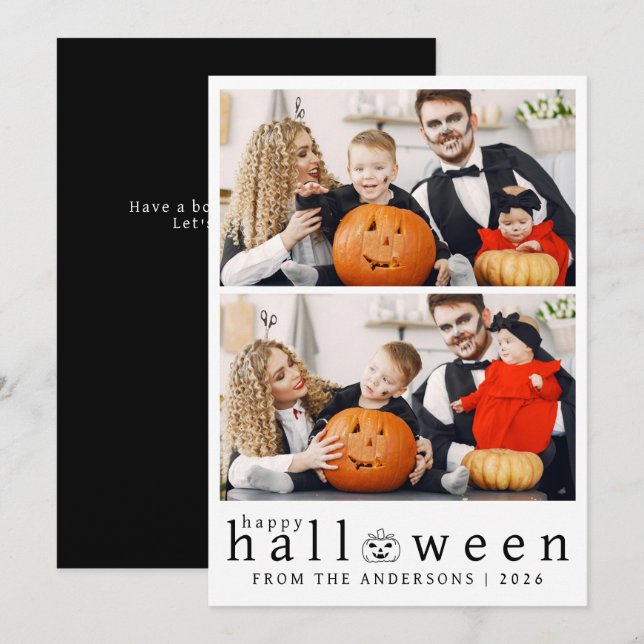 Minimalist Modern Spooky Happy Halloween 3 Photo Holiday Card (Front/Back)