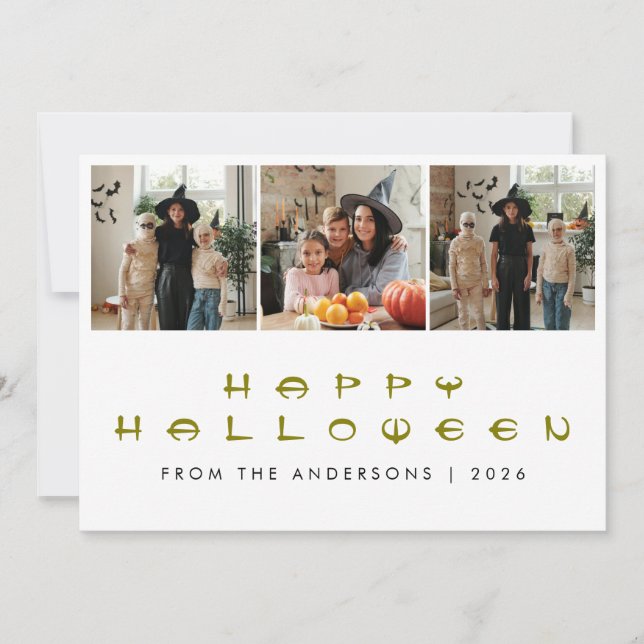 Minimalist Modern Spooky Happy Halloween 3 Photo Holiday Card (Front)