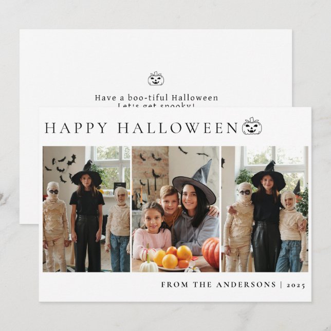Minimalist Modern Spooky Happy Halloween 3 Photo Holiday Card (Front/Back)