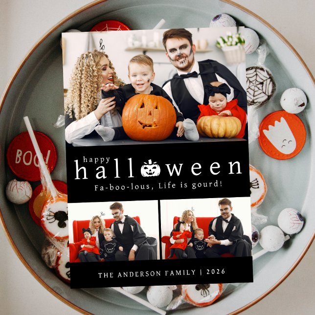 Minimalist Modern Spooky Happy Halloween 3 Photo Holiday Card (Creator Uploaded)