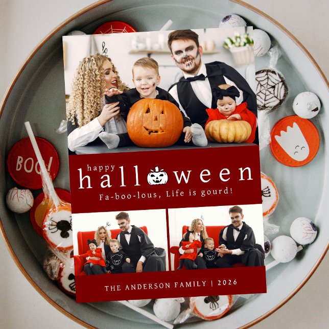 Minimalist Modern Spooky Happy Halloween 3 Photo Holiday Card (Creator Uploaded)