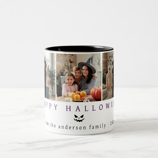 Minimalist Modern Spooky Happy Halloween 3 Photo Two-Tone Coffee Mug (Center)