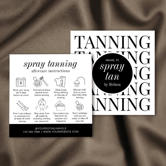 Minimalist Modern Spray Tanning Salon Care Card (Spray tan aftercare cards with care icons and space for your logo and contact details)