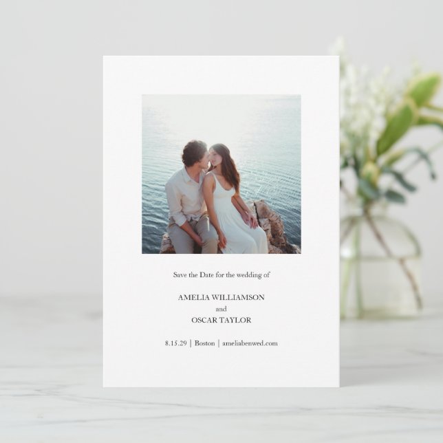 Minimalist Modern Square Photo Stylish Simple Save The Date (Standing Front)