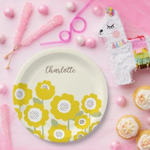 Minimalist Modern Sunflower Minimal Custom Name    Paper Plate