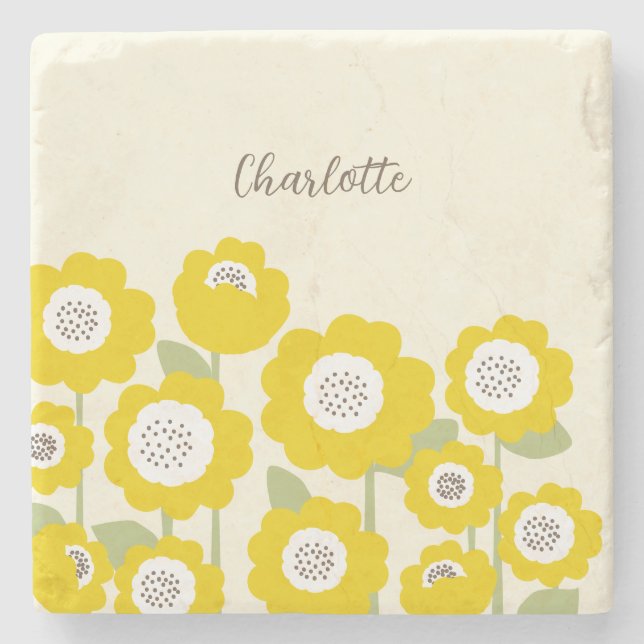 Minimalist Modern Sunflower Minimal Custom Name    Stone Coaster (Front)