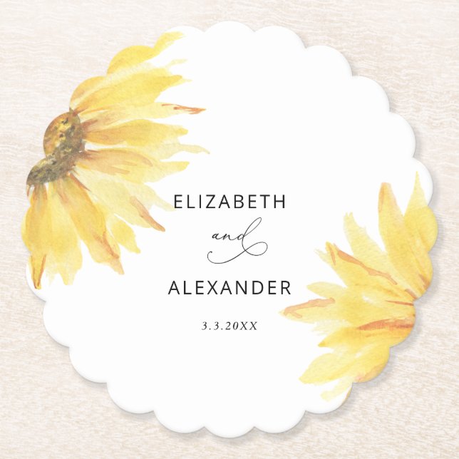 Minimalist modern sunflower wedding paper coaster (Front)