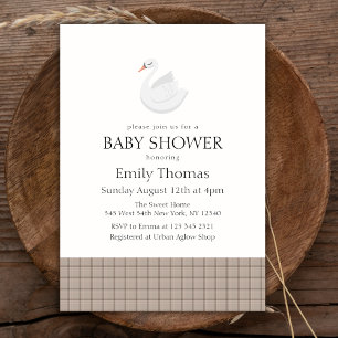 Minimalist Modern Swan Gingham Boy Baby Shower Invitation