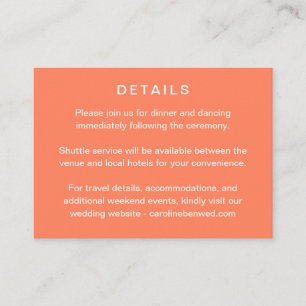 Minimalist Modern Tangerine Wedding Details Enclosure Card