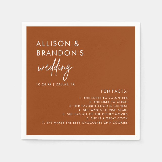 Minimalist Modern Terracotta Wedding Fun Facts Napkin (Front)