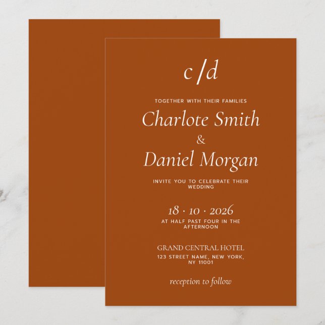 Minimalist modern terracotta wedding invitation (Front/Back)