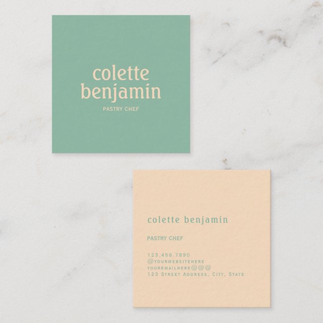 Minimalist Modern Turquoise-Green & Pale Peach Square Business Card (Front/Back)