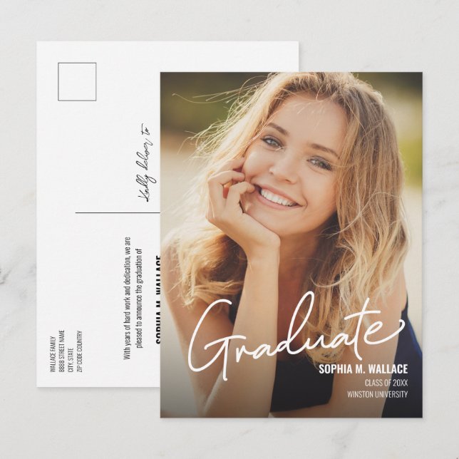Minimalist Modern Vertical Photo Graduation Announcement Postcard (Front/Back)
