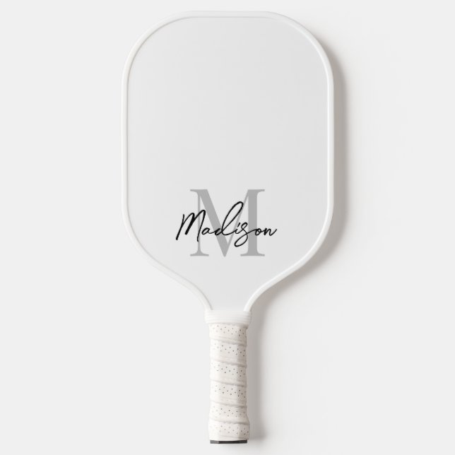 Minimalist Modern White Black Script Monogram Name Pickleball Paddle (Front)