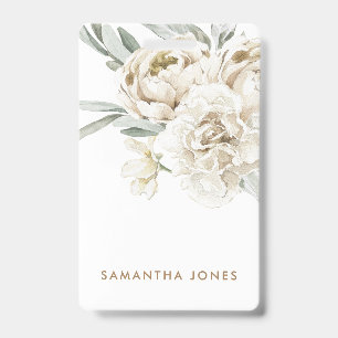 Minimalist Modern White Peonie Floral Watercolor Badge