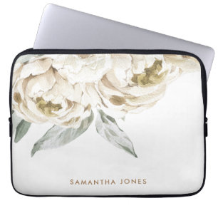 Minimalist Modern White Peonie Floral Watercolor Laptop Sleeve