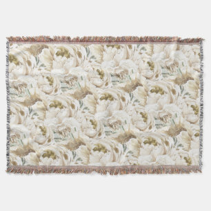 Minimalist Modern White Peonie Floral Watercolor Throw Blanket