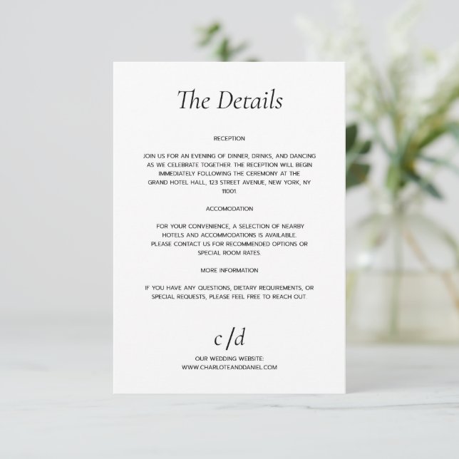 Minimalist modern white wedding details enclosure card (Standing Front)
