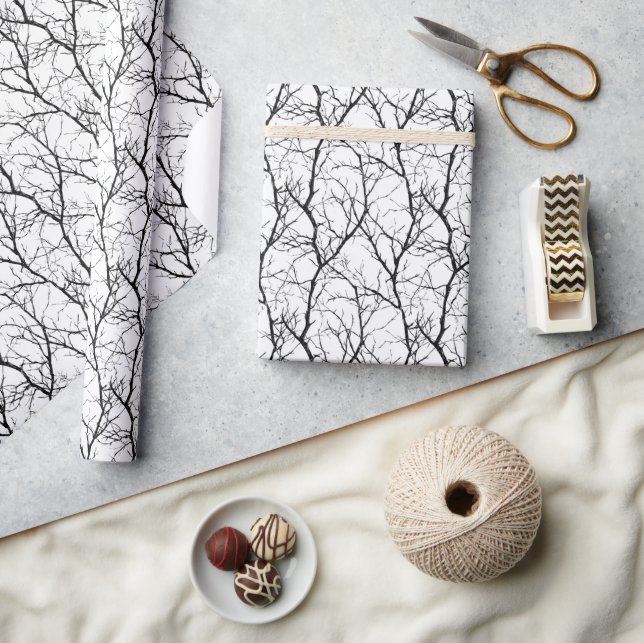 Minimalist Modern Winter Twigs Black White Wrapping Paper (Crafts)