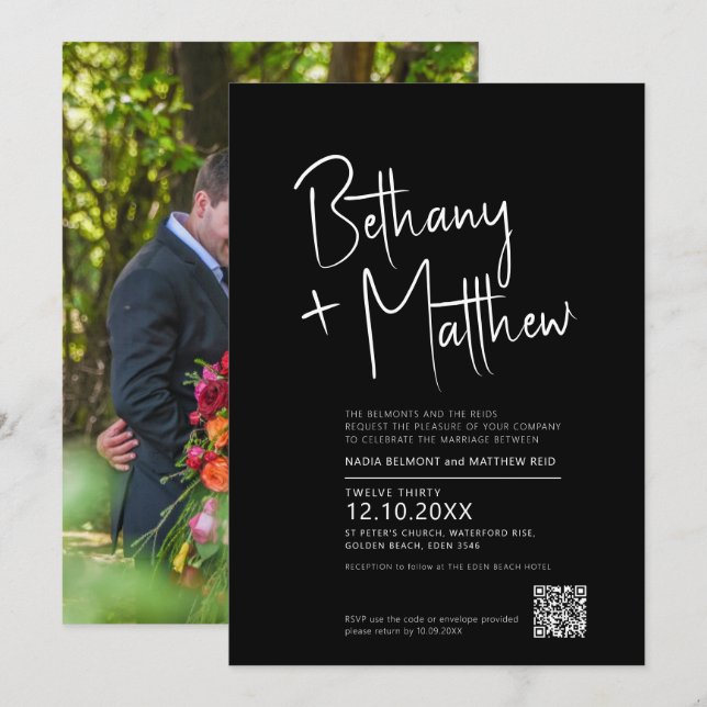 Minimalist mono calligraphy script wedding QR RSVP Invitation (Front/Back)