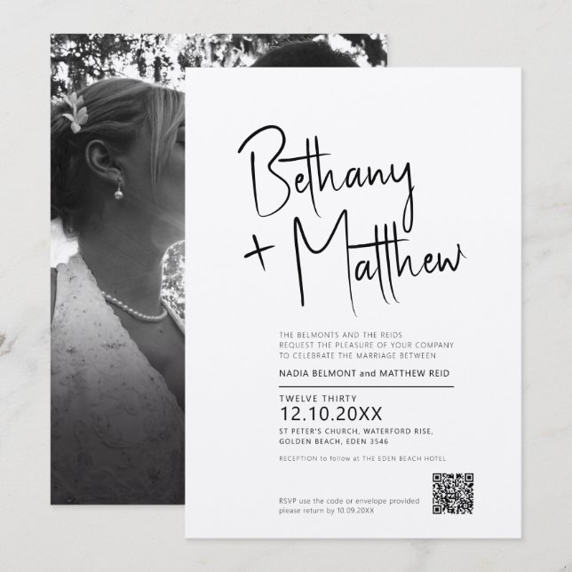 Minimalist mono calligraphy script wedding QR RSVP Invitation (Front/Back)