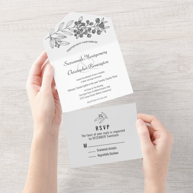 Minimalist Monochrome Border Berry Leaf Wedding All In One Invitation (Tearaway)