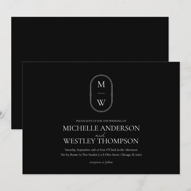Minimalist Monogram Black & White Wedding Invitation (Front/Back)