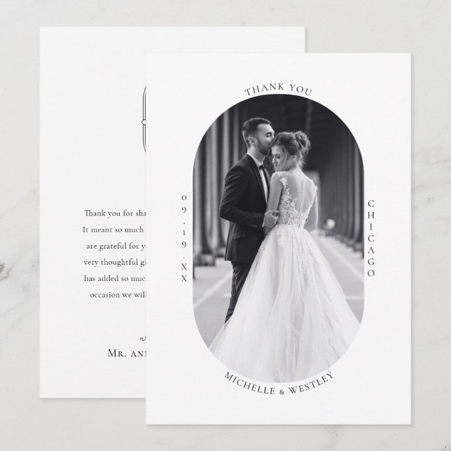 Minimalist Monogram Black & White Wedding Photo Thank You Card (Front/Back)