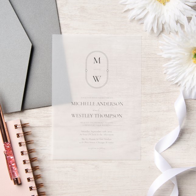 Minimalist Monogram Black & White Wedding Vellum Invitations (Wedding)