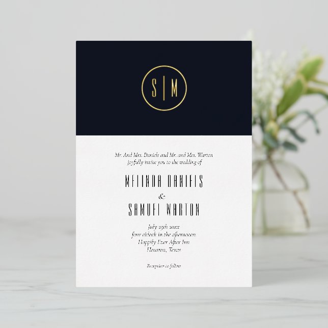 Minimalist Monogram Blue White Wedding Gold  (Standing Front)