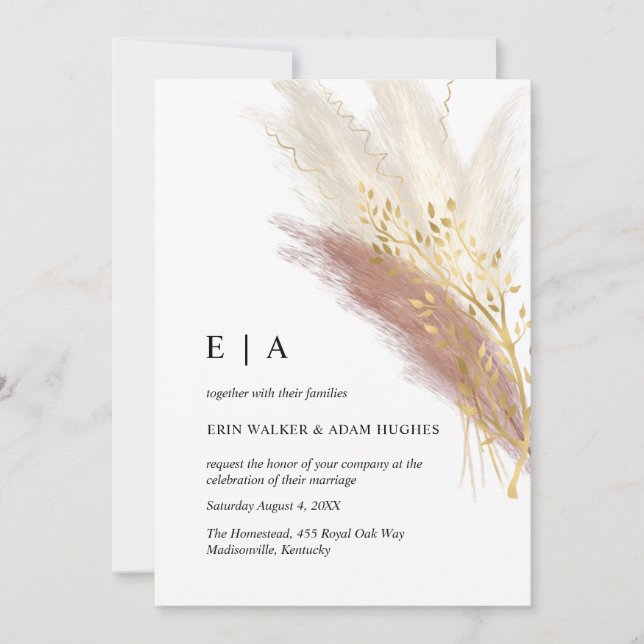 Minimalist Monogram Boho Pink Gold Pampas Grass Invitation (Front)