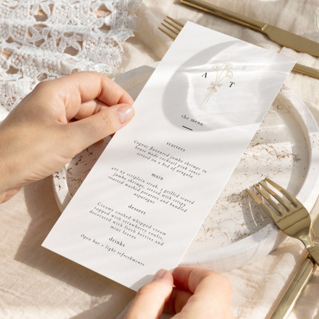 Minimalist Monogram Botanical Wedding Menu (Stunning & sleek white, black and gold wedding menu - customize the colors and text!)