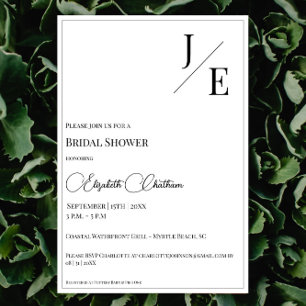 Minimalist Monogram Bridal Shower White Invitation