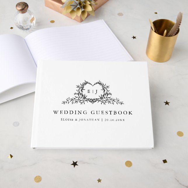 Minimalist Monogram Calligraphy Crest Wedding Guest Book (Front Open)