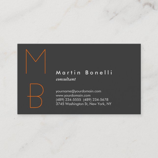 Minimalist Monogram Consultant Grey Business Card (Front)