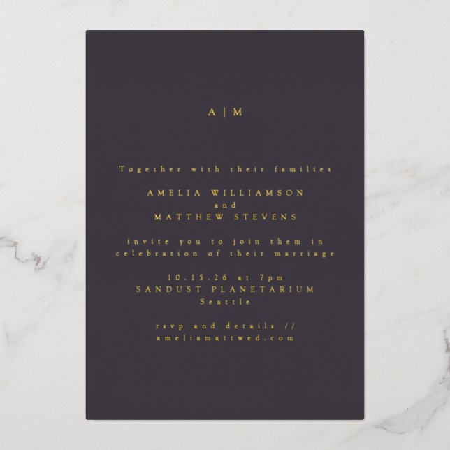 Minimalist Monogram Dark Purple Wedding Gold (Front)