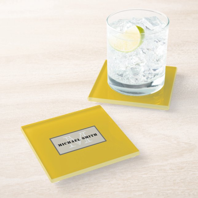 Minimalist Monogram Deep Lemon Background Glass Coaster (Angled)