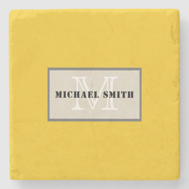Minimalist Monogram Deep Lemon Background Stone Coaster (Front)