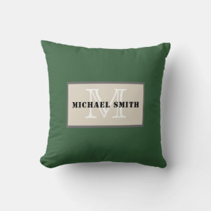 Minimalist Monogram Deep Moss Green Background Throw Pillow
