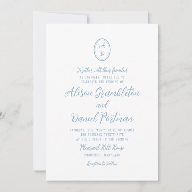 Minimalist Monogram Dusty Blue Wedding Invitation (Front)