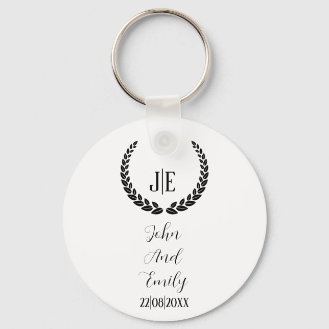 Minimalist monogram elegant black & white wedding  keychain (Front)